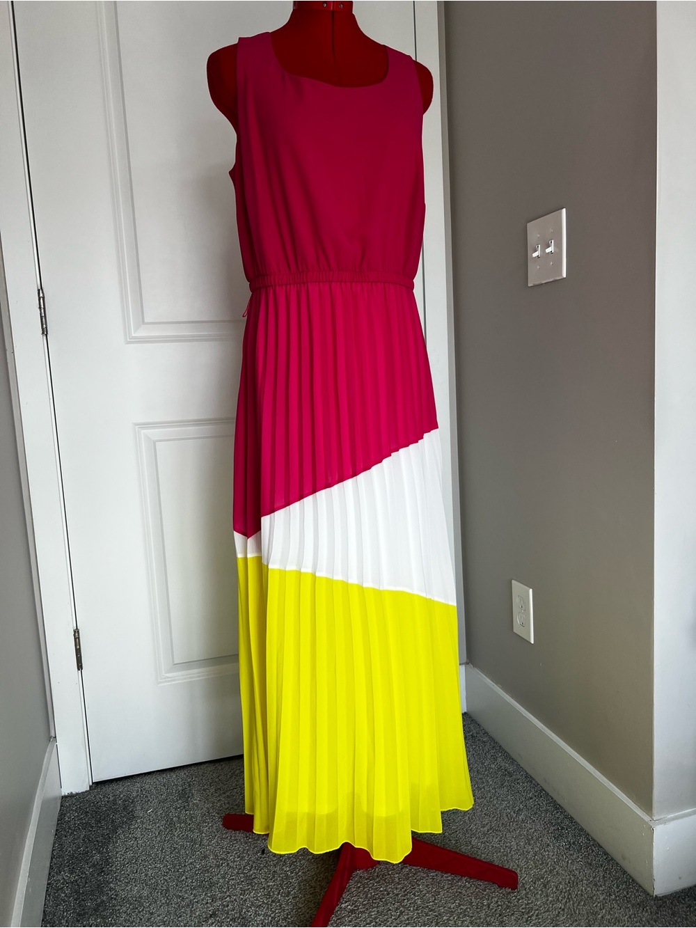 Nina Leonard Fuchsia, White & Yellow Sleeveless Pleated Maxi Dress